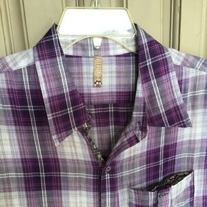Free People Blouse Purple Plaid Drawstring Waist SzM Cap Sleeves Pre-Owned